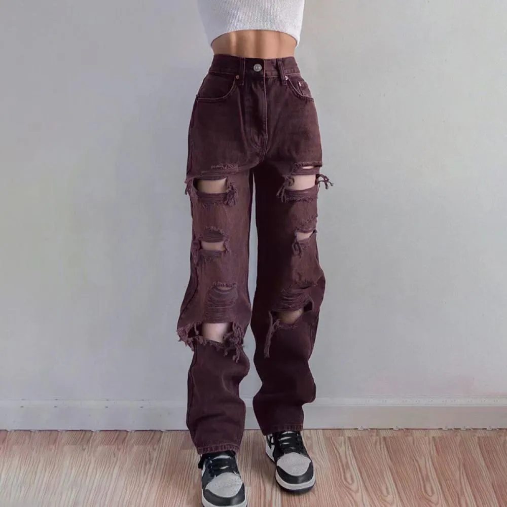 Jeans Black Ripped Vintage Womans Distressed Jeans Streetwear Hole
