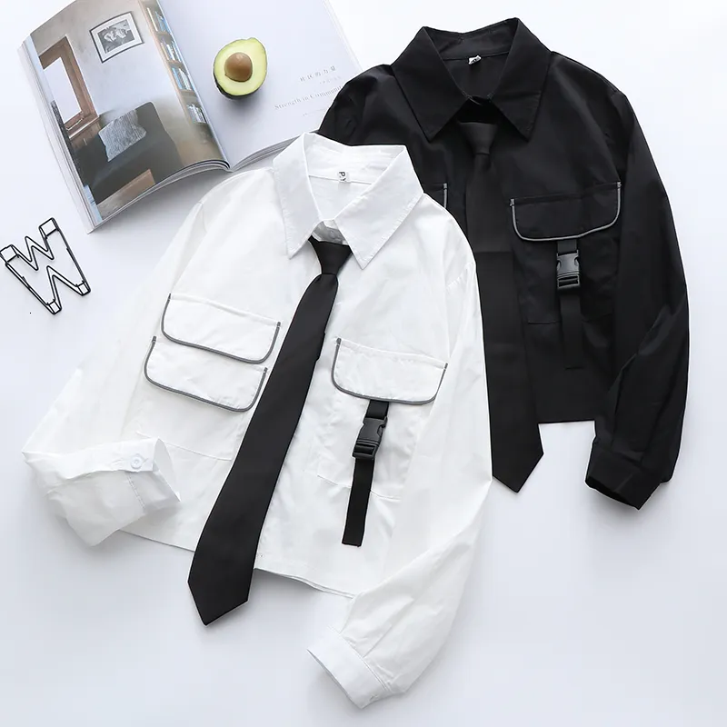 Kvinnors blusar skjortor Autumn Women Jk Uniform Japanese Tie Long Sleeve Loose Short Shirt College College Pocket Pocket White Top Student Blus 230517