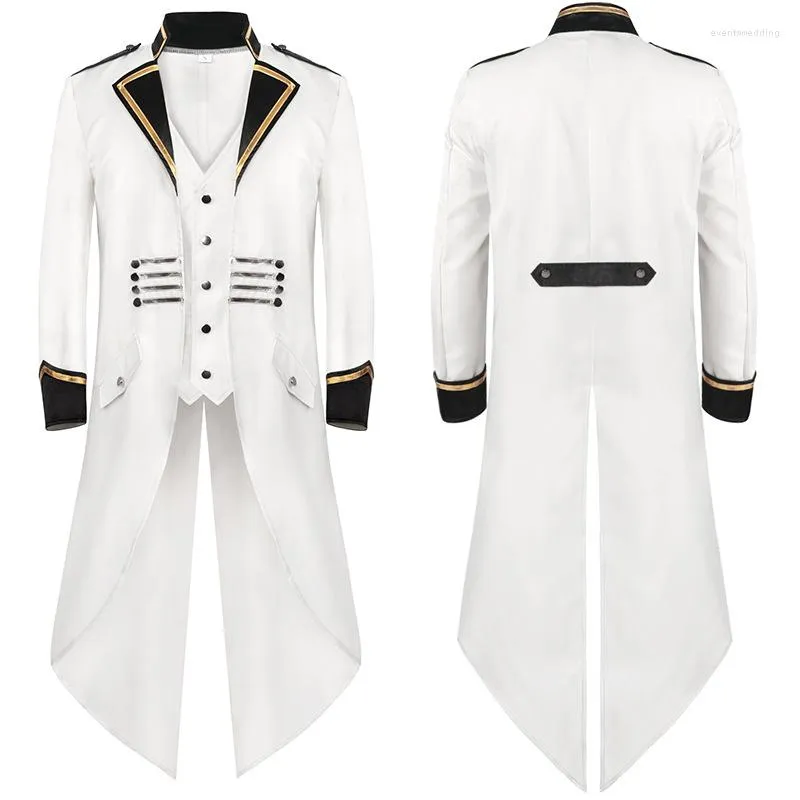 Heren Trench Coats Men Wit Middeleeuwse Steampunk Tailcoat Silver Golden Trim Botton Jacket Pirate Vampire Cosplay Gotische Victoriaanse japonse jas