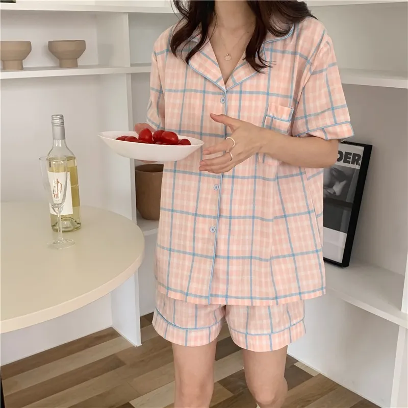 Korean Summer Womens Grid Pajama Set Short Sleeve Leisure Hometime Sleepwear For Girls And Women Loose Fit Homewear Suit 230517 From Cong04 13.38 DHgate.Com