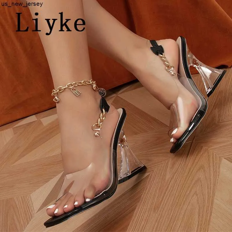 Sandals Liyke New Brand Strange Style Transparent High Heels Sandals Female Summer Open Toe Slip-On Chain Strap PVC Clear Shoes Women J230518