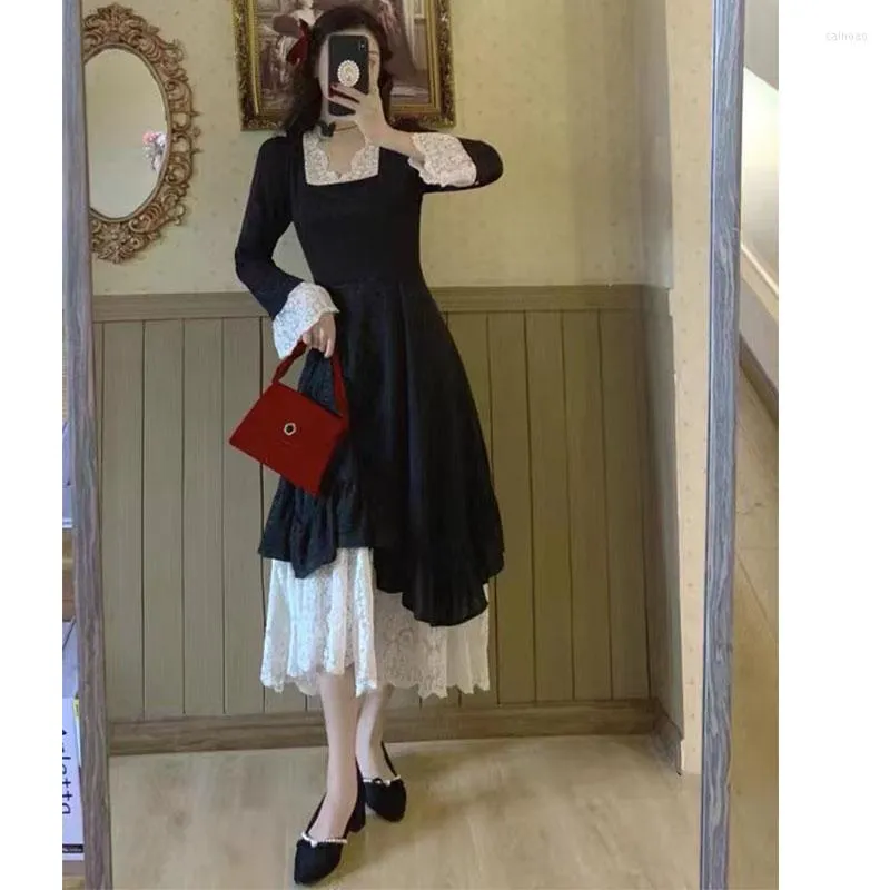 Lässige Kleider Fee Schwarz-Weiß-Spitzenkleid Patchwork Elegantes Mittelkalb Sexy Abendessen Frauen A-Linie Kleidung Koreanischer Stil Party Bürokleidung