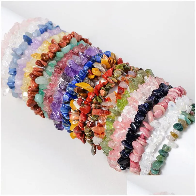 Beaded Lots Natural Gem Stone Strand Bracelet Irregar Crystal Stretch Chip Beads Nets Bracelets Bangles Quartz Wristband For Dhgarden Dhf4W