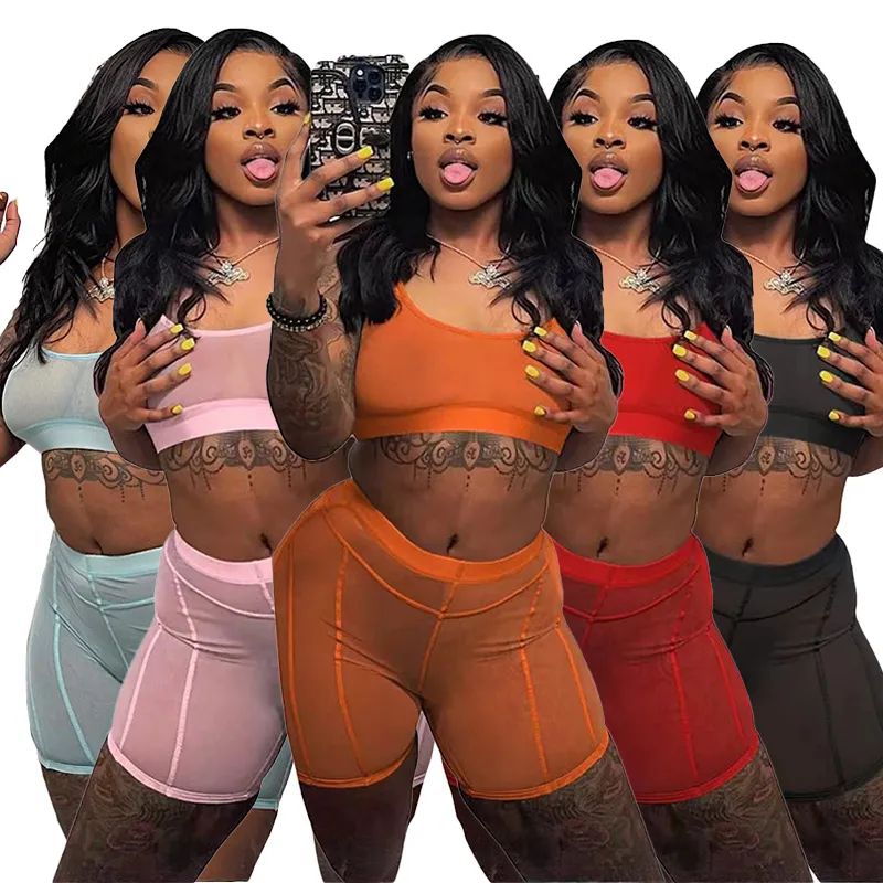 Mulheres duas peças calças sheer malha conjunto mulheres sexy tracksuits ver através de colete colheita tops combinando biker shorts verão casual ternos clubwear 230518