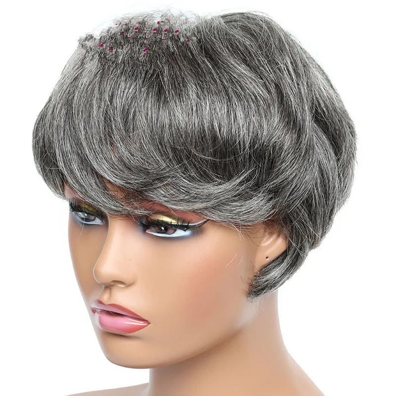 Parrucche taglio corto grigio argento Parrucche capelli umani pepe sale Parrucche onda naturale con frangia Evidenzia colore Capelli brasiliani parrucche capelli umani grigi per donna colore 44 fatto a macchina