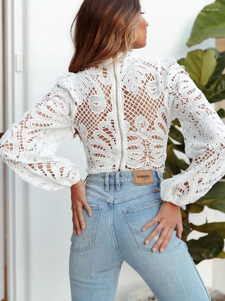 Women's Blouses Sexy Long Sleeve Lace Blouse Women Tops Casual White Crochet Hollow Out Cropped Shirt Turtleneck Female Blusas