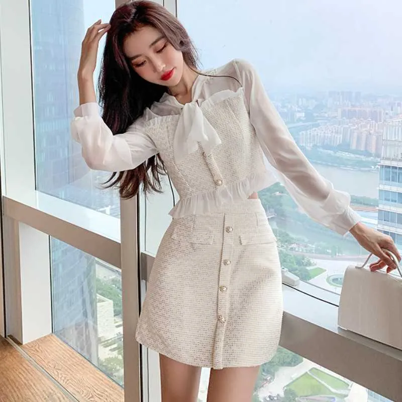 Two Piece Spring Dress Chic Bowtie Chiffon Crop Top Mini Skirt Set 2024