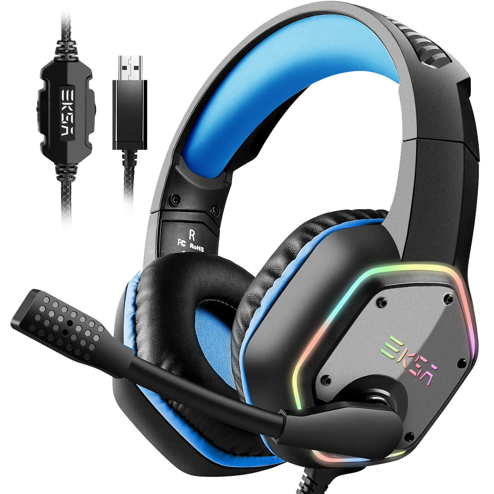 Cell Phone Earphones EKSA E1000 Headphone Gaming untuk PC PS4 PS5 7 1 Headset RGB Surround Gamer Berkabel USB dengan Mikrofon Noise Cancelling 230517