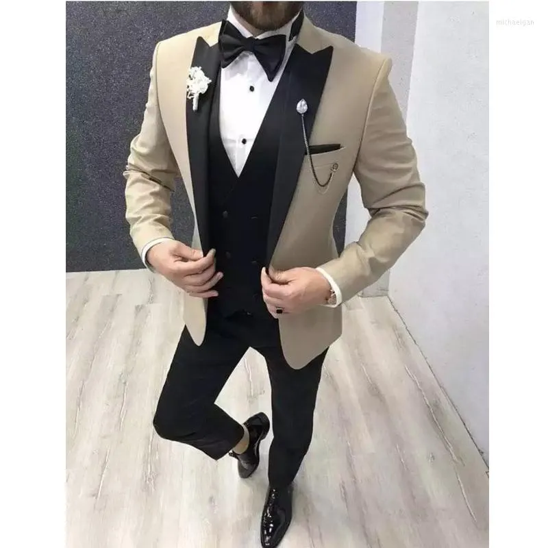Men's Suits Beige Slim Fit Men For Wedding Black Peaked Lapel Groom Tuxedo Formal Male Fashion Jacket With Pants Vest