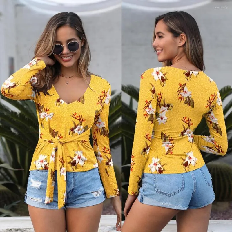 Women's Blouses 2023 Summer Yellow Blue Pink Flower V Neck Long Sleeve Shirt Tie Front Boho Top Wrap Floral Blouse Women Blusas Feminina C20