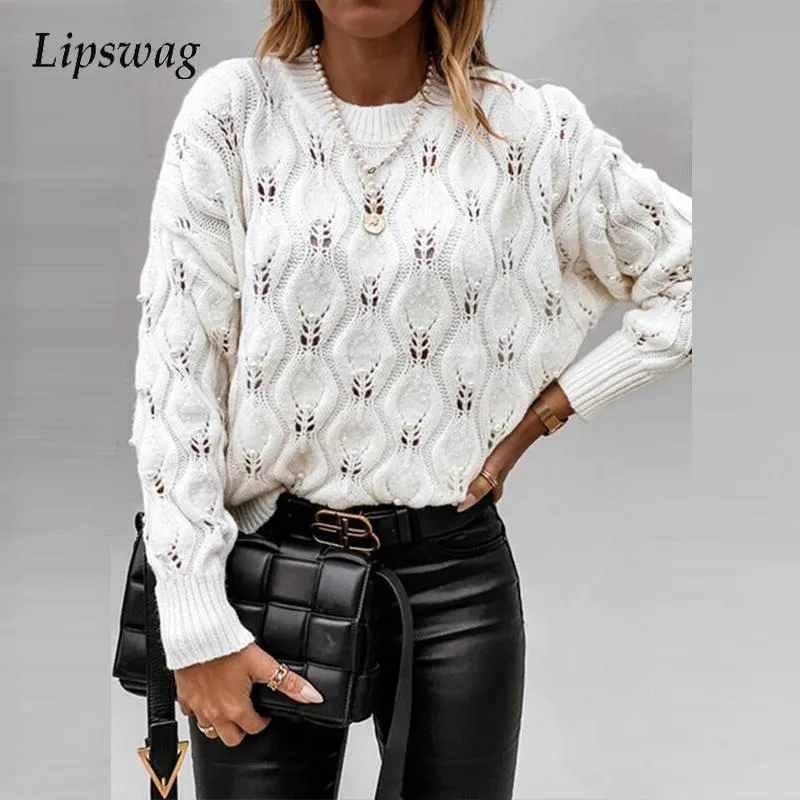 Women's Sweaters Autumn Winter Elegant Knitted Sweater Fashion Pearl Beaded Women Jumper Casual O Neck Long Sleeve Tops Pullover Femme