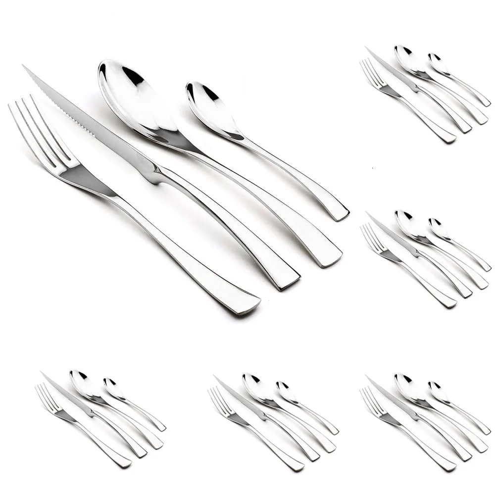 Dinnerware Sets 24Pcs 304 Stainless Steel Silverware Silver Tableware Fork Steak Knife Spoon Flatware Dishwasher Safe Luxury Cutlery Set Gift 230518