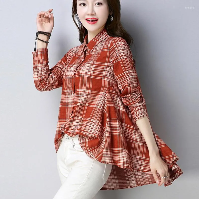 Women's Blouses Swallow Tail High Low Button Up Turn Down Collar Long Sleeve Oversized Plaid Fashion Designer Women Shirts Tops C138