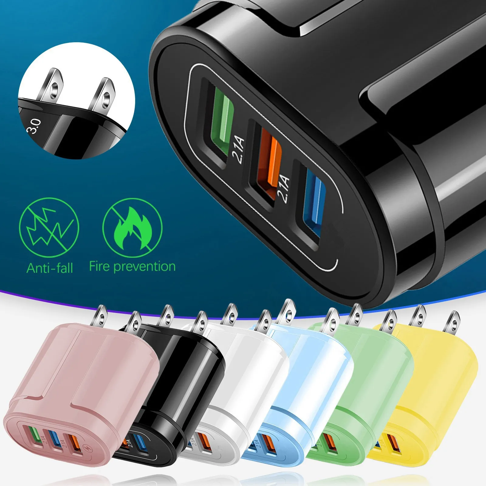High Speed 3 USb Ports 2A Eu US AC Home Wall Charger Colorful Power Adapter Chargers For Iphone 12 13 14 Pro Samsung huawei Android phone