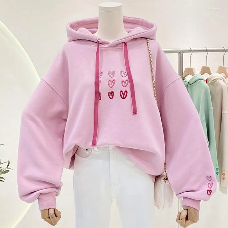 Women's Hoodies Sweet Pink Lover Embroidery Plush Women Korean Fashion Winter Tops Oversized Streetwear Harajuku Kawaii Clothes Teens