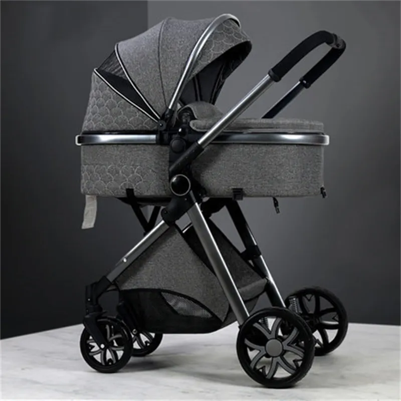 Poussette haute paysage bleu marron bébé fille et garçon chariot 3 en 1  coton motif à carreaux poussettes inclinable pliable populaire en plein air