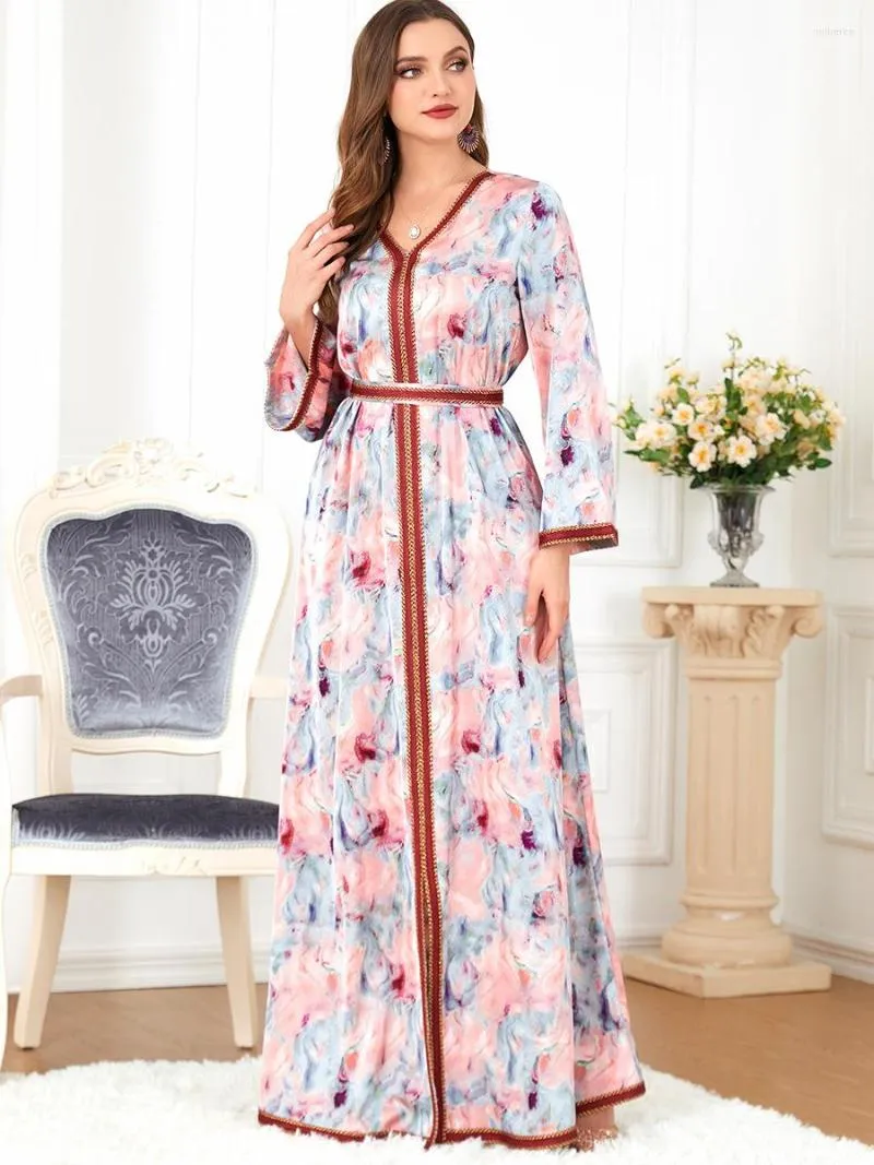 Etniska kläder Eid Djellaba Abaya Ramadan Muslim Hijab Dress Jilbab Satin Print klänningar Dubai Kimono Abayas för kvinnor Islam kläder Turkiet