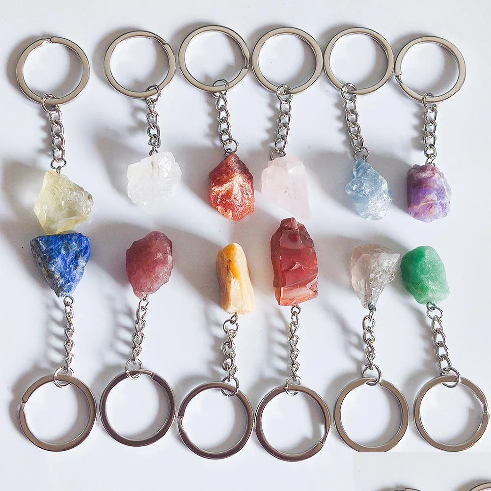 Keychains Lanyards Natural Ore Keychain Gem Quartz Fluorite Citrine Amethyst Irregar Stone Pendants Charms Keyring Drop De Dhgarden Dhics