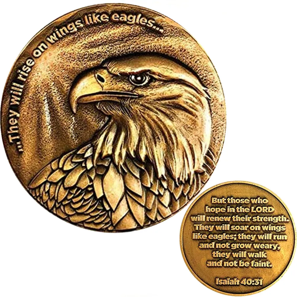 Moeda do Christian Eagle Challenge, pacote a granel de 9, Antique Gold Plated, American Bald Eagle Isaiah 40:31