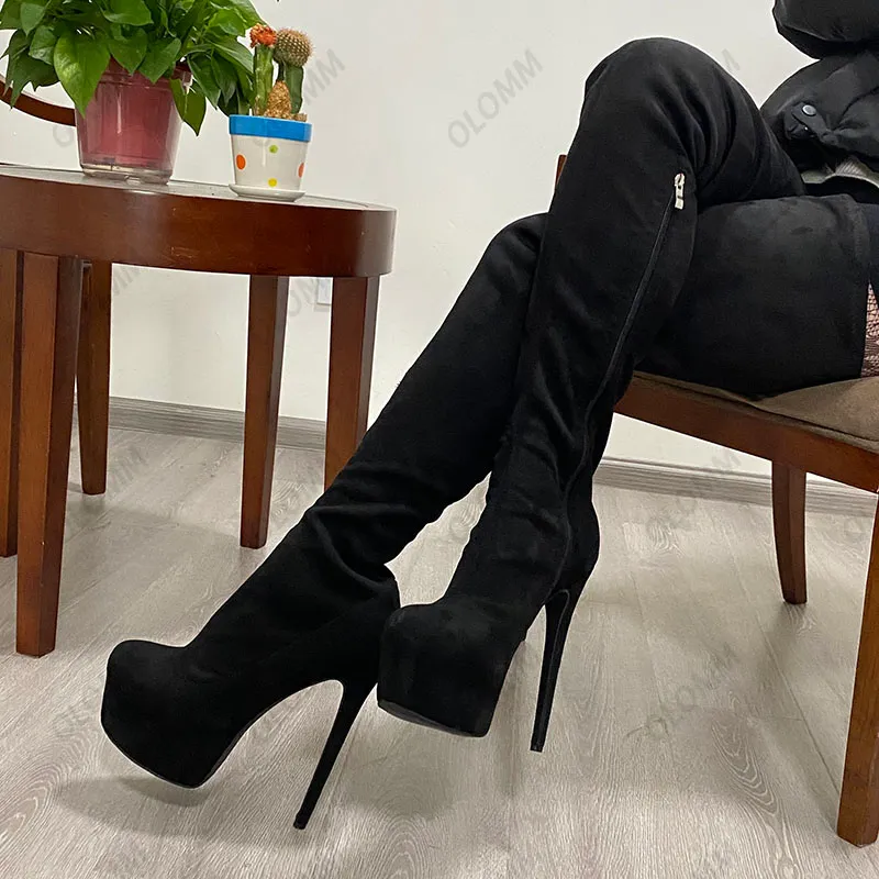 Olomm hecho a mano mujer plataforma muslo botas altas Unisex tacones de aguja punta redonda elegante negro Cosplay zapatos tamaño EE. UU. 5-20