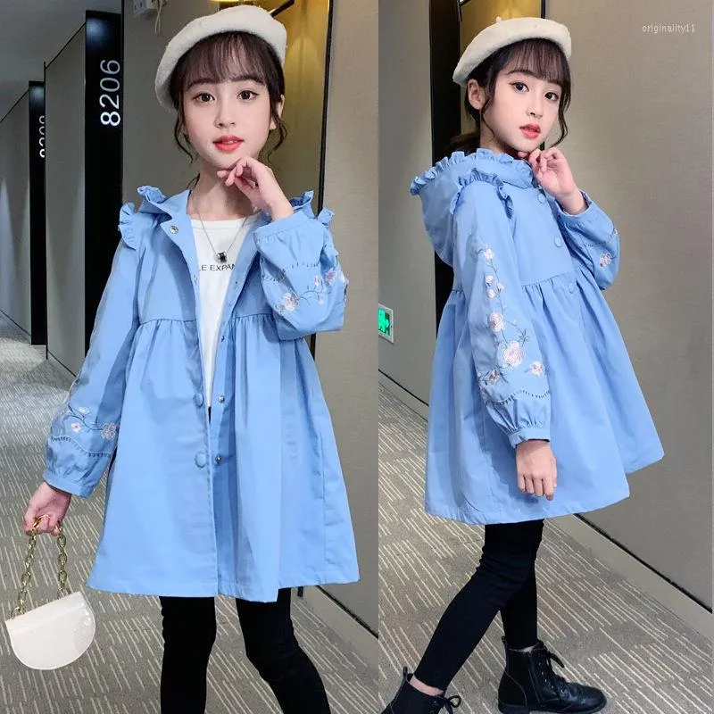 Coat Floral Embroidery Windbreaker Hooded Spring Autumn Korean Fashion Children Cotton Jacket Kids Girls Trench Outerwear Coats