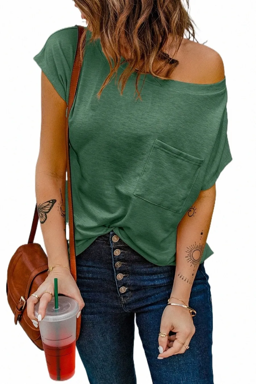 green Pocketed Tee with Side Slits 2023 Hot New 3397#