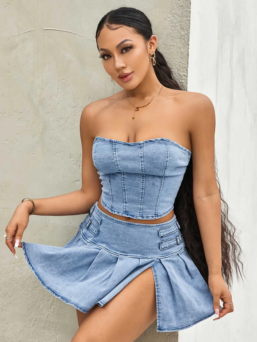 Denim two piece skirt set shop