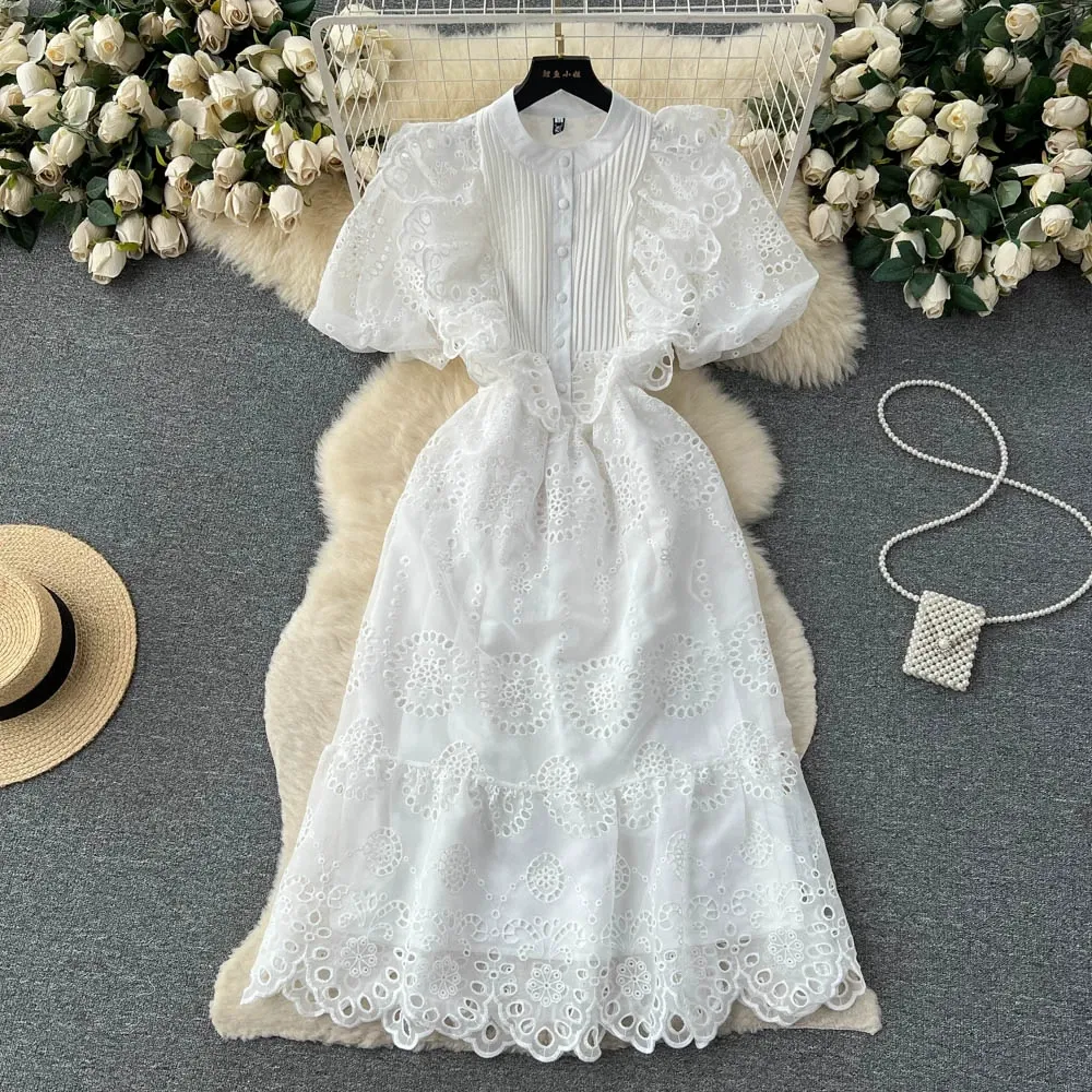Premium French White Lace Flower dress with Bubble Sleeves - Perfect for Summer and Sweet Fairy Style