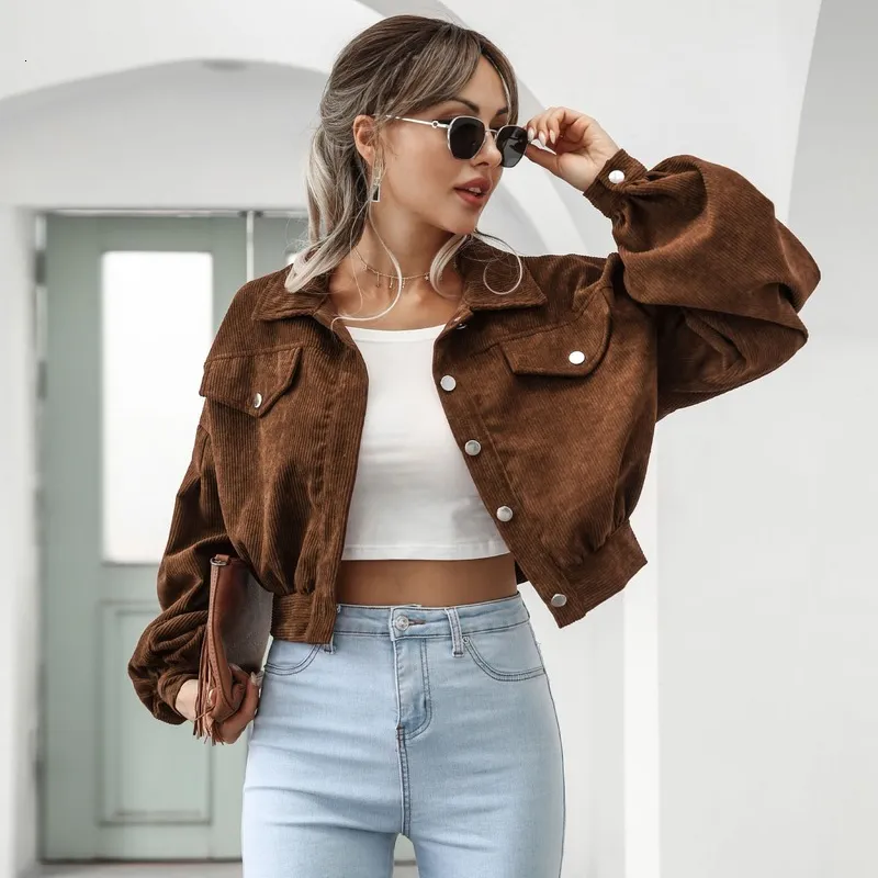 Corduroy Bomber Jackets for Women Cropped Lantern Sleeve Vintage Outwear
