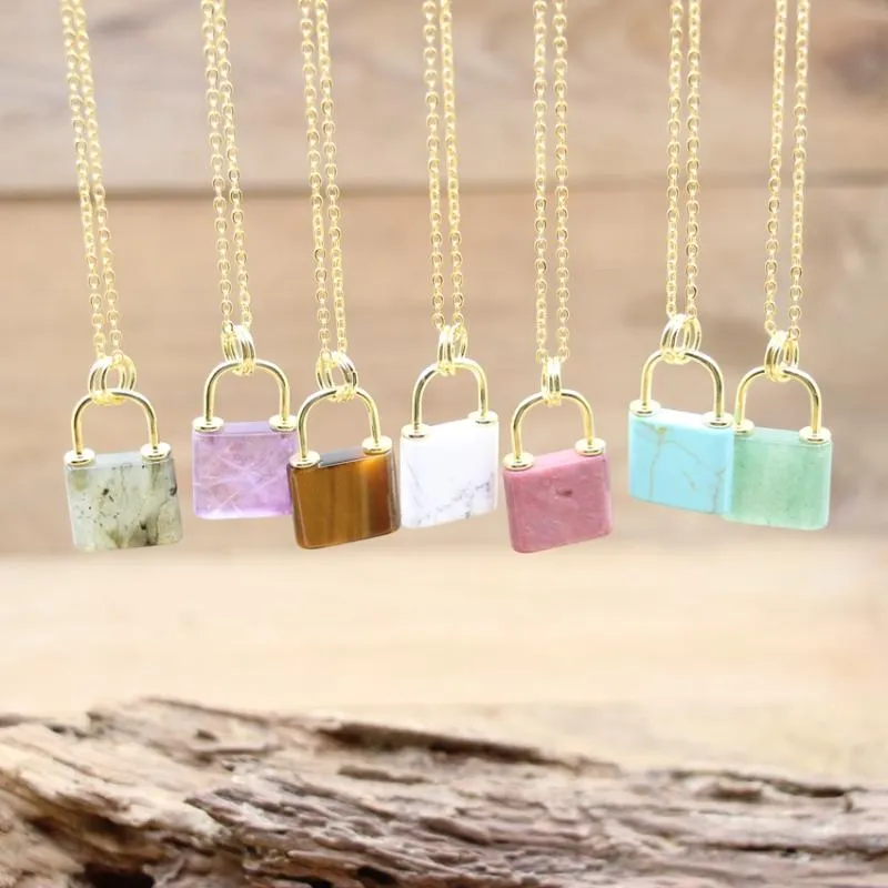 Pendant Necklaces Gold Chains Natural Stone Lock Healing Reiki Crystal Labradorite Amethysts Obsidian Padlock Necklace Boho Jewelry QC3272Pe