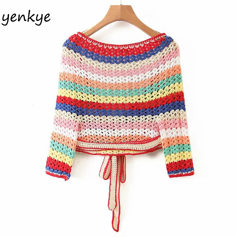Blusas De Mujer Camisas Multicolor Rayas Crochet Crop Top Mujer