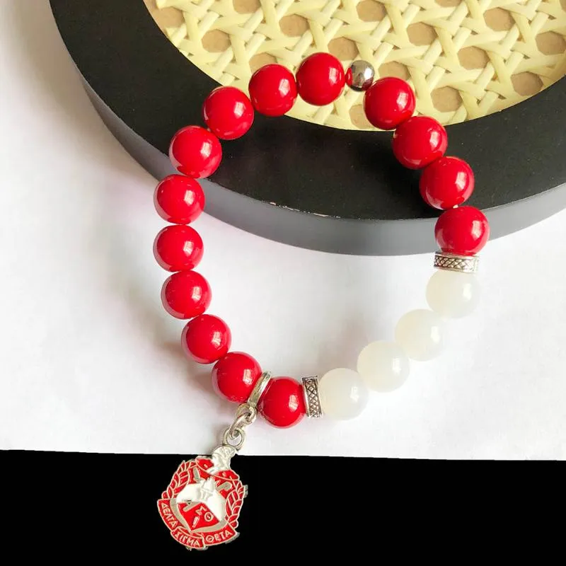 Strand Beaded Strands Hand Made Greek Sorority Red White Elastic Line Detal Shield Charm Pendant Bracelet Women Jewelry