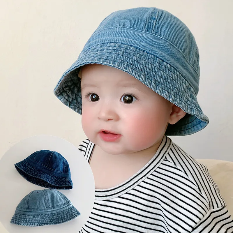 Caps hoeden opvouwbare baby denim emmer hoed vintage kinderen zonbeveiliging caps zomer visser hoed winddichte riem jongens meisjes zonneschade hoed 230517