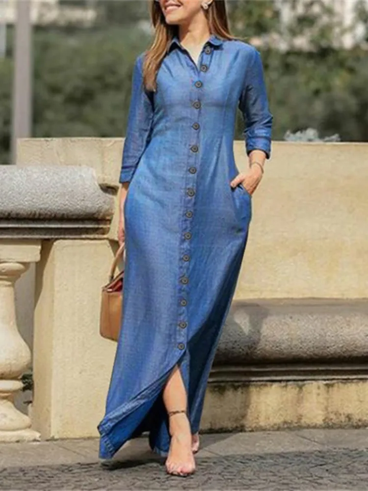 Womens Basic Denim Button Down Dress With Shirt Collar And Button