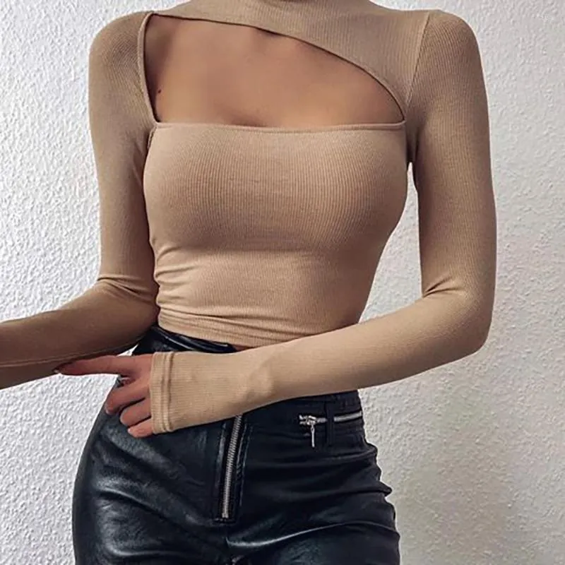 T-shirts pour femmes T-shirt à manches longues pour femmes Couleur unie Creux Crop Top Col haut Nombril exposé Tops Dames Tight Casual Shirt Pullover