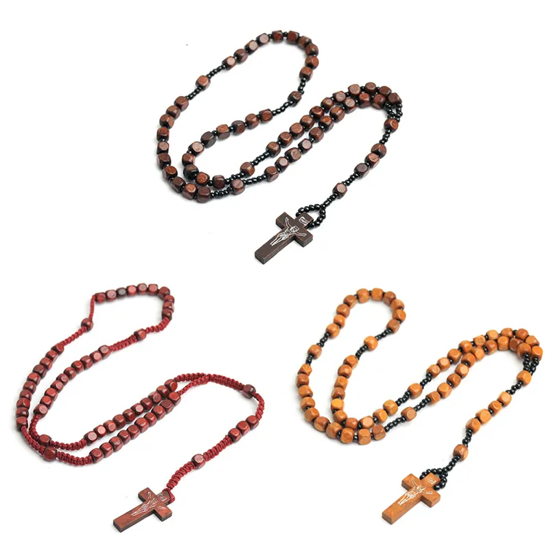 1PC Natural Wood Beads Handmade Cross Necklace Religious Jewelry Catholic Rosary Necklace Christ Prayer Beaded Necklace Jewelry