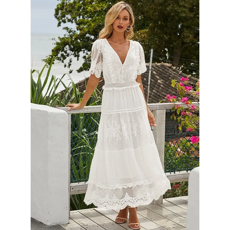 DHgate Elegant Hollow Lace Maxi Dress Plunging V Neck Semi Sheer Short Sleeve White Dress Apparel