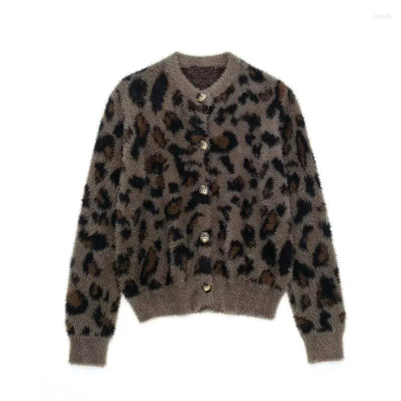 Women's Knits Vintage Women Sweaters Leopard Print Soft Fleece One Breasted Cardigan Full Sleeve Knitted Jacket 2023 Winter Knitwear Coats