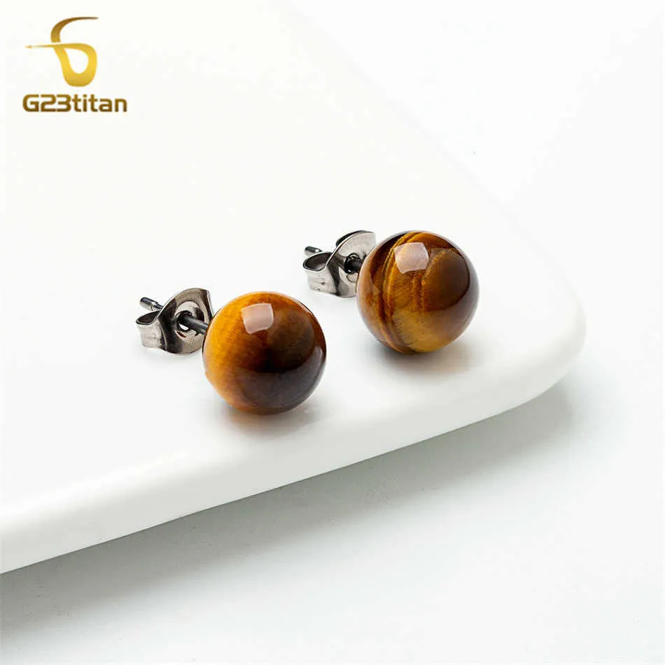 Stud Natural Stone Tiger Eye Beads Earrings Women Men Surgical Titanium Piercing Jewelry Fashion Simple Round Ball Ear Stud Accessory Z0517