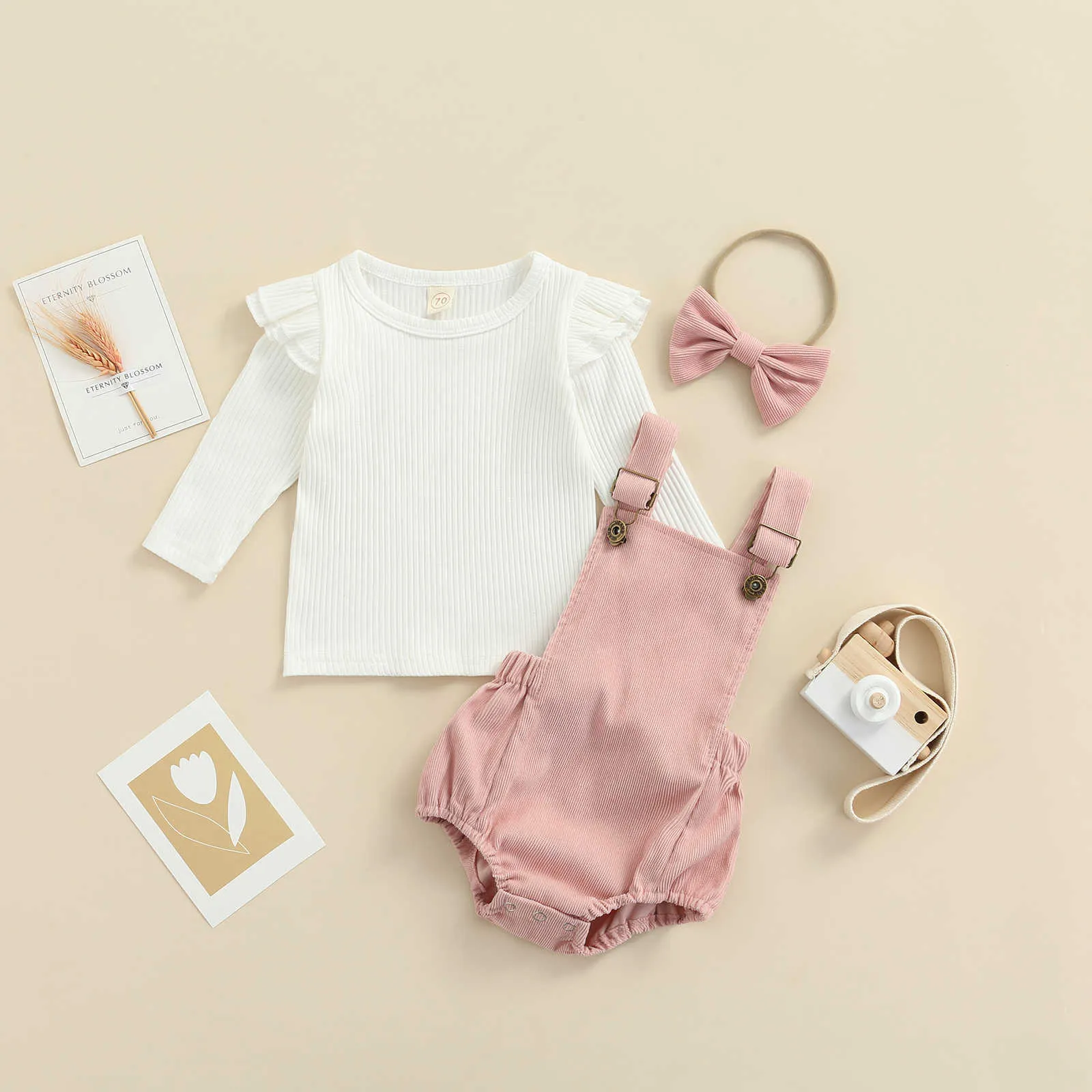 Ensembles de vêtements bébé fille velours côtelé ensemble à manches longues col rond hauts jarretelles pantalons de couleur unie vêtements pour enfants