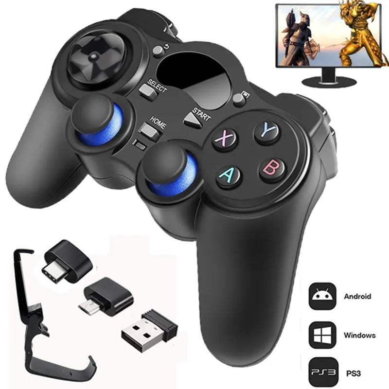 Controladores de jogo joysticks 2.4 g controlador gamepad android sem fio joystick joypad com conversor otg para telefone inteligente para tablet pc caixa de tv inteligente 230518