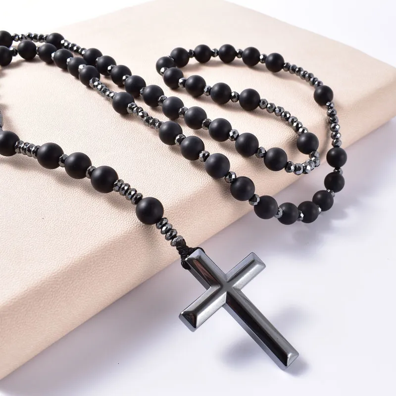 Chokers Natural Stone Frosted Black Onyx Catholic Christ Rosary Necklaces With Hematite Cross Pendant Men Necklace Meditation Jewelry 230518