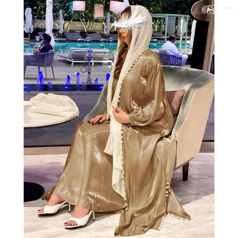 Shiny Satin Muslim Abaya Set with Beading Long Kaftan Cardigan Moroccan Ramadan Gown Two piece Islamic Clothes for Women Polyester Loose Fit