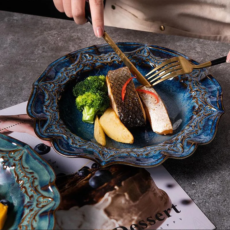Plates Piring Keramik Eropa Bantuan Pengadilan Dekoratif Salad Buah Ruang Makan Renda Barat Steak Peralatan Dapur