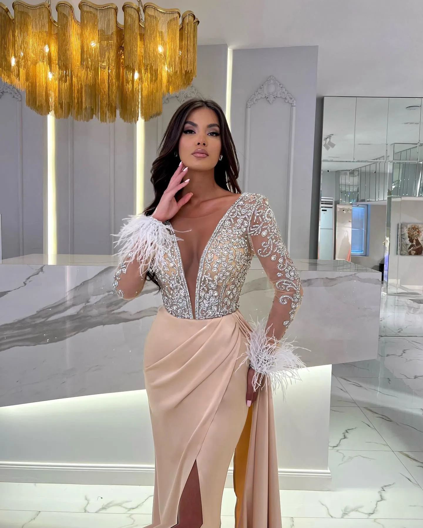 knee length dresses for ladies Champagne Tulle Long Prom Dresses, Champagne Short Sleeve Evening Dres