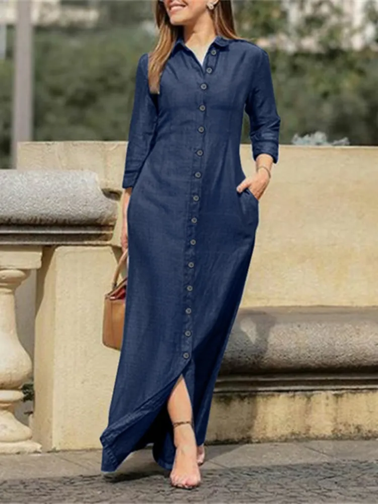 Womens Basic Denim Button Down Dress With Shirt Collar And Button