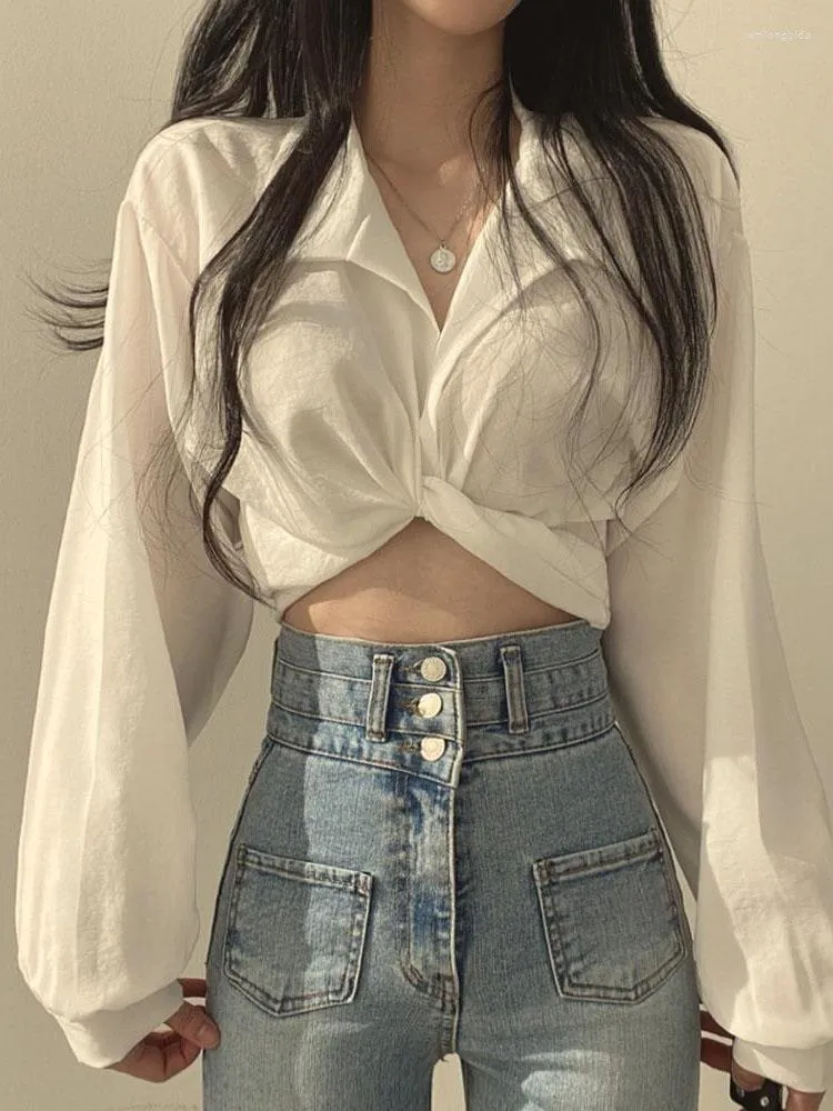 Women s Blouses Slim Thin Blouse Women Korean Chic All match Casual Crop Tops Female Summer Back Lace up Bow Design Long Sleeve Short Shirt