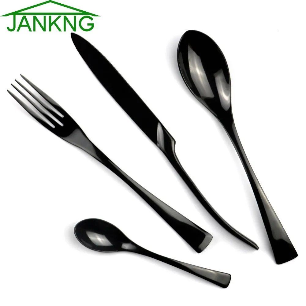 Set di stoviglie JANKNG 4 pezzi / lotto Set di posate per lucidatura in acciaio inossidabile nero Stoviglie da cucina Forchetta Coltello da bistecca Cucchiaino da tè Set da tavola 230518