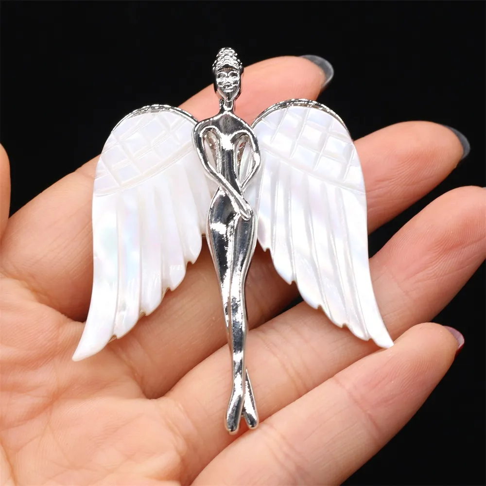 Fashion Angel Wings Brooch for Women Vintage Natural Mother of Pearl Shell Pendant Dual Use Jewelry Pin Gift