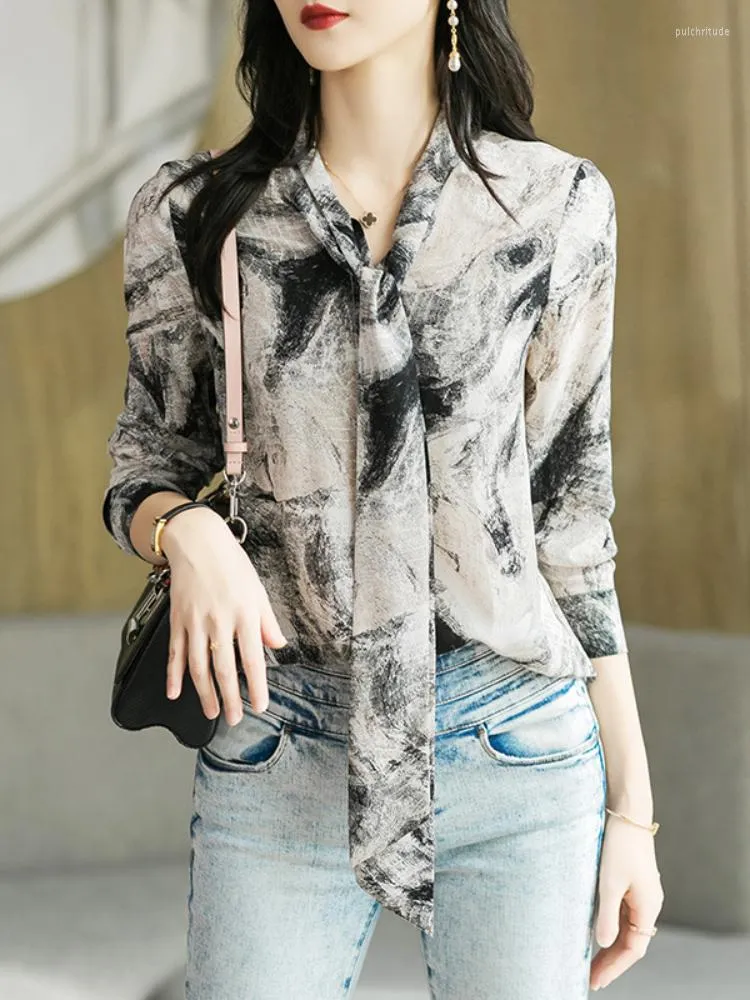 2023 Spring Autumn Fashion Womens Chiffon Blouse With Printed Lace